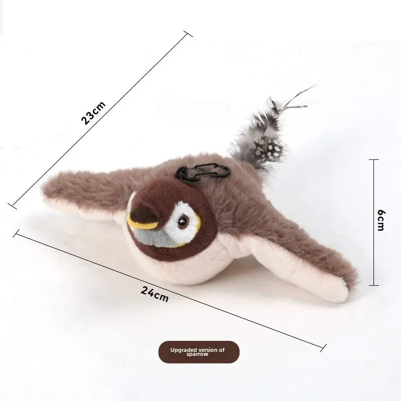 Flapping bird cat toy with realistic feathers and chirping sound