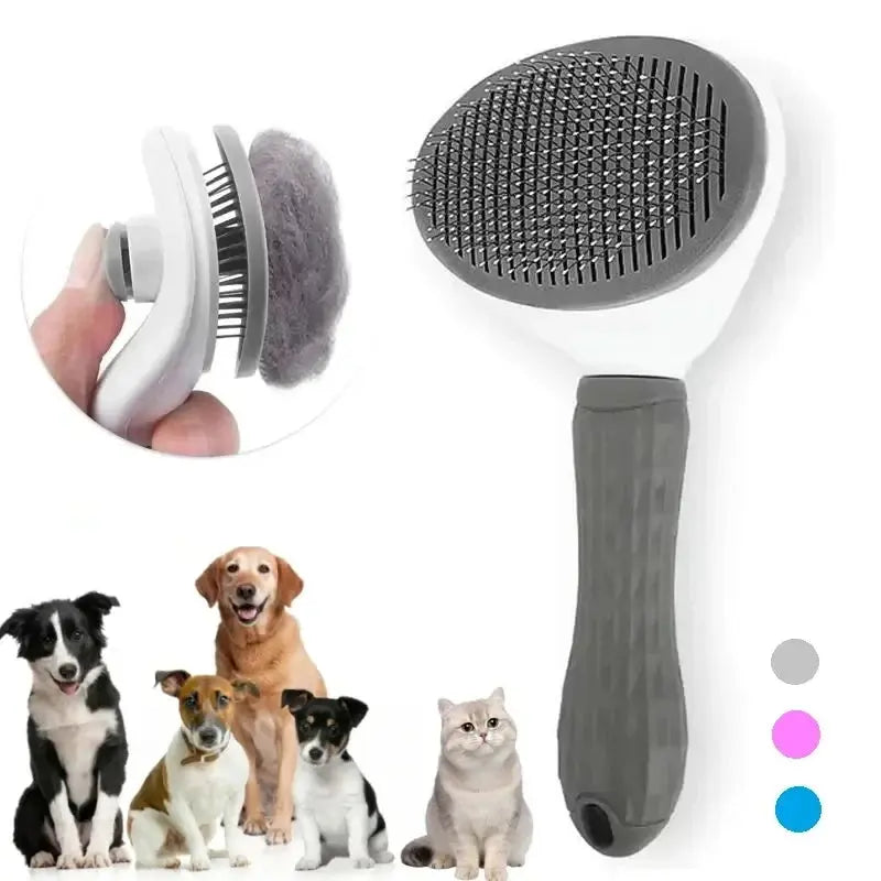 pet grooming brush with a textured handle and oval brush head featuring closely spaced metal bristles