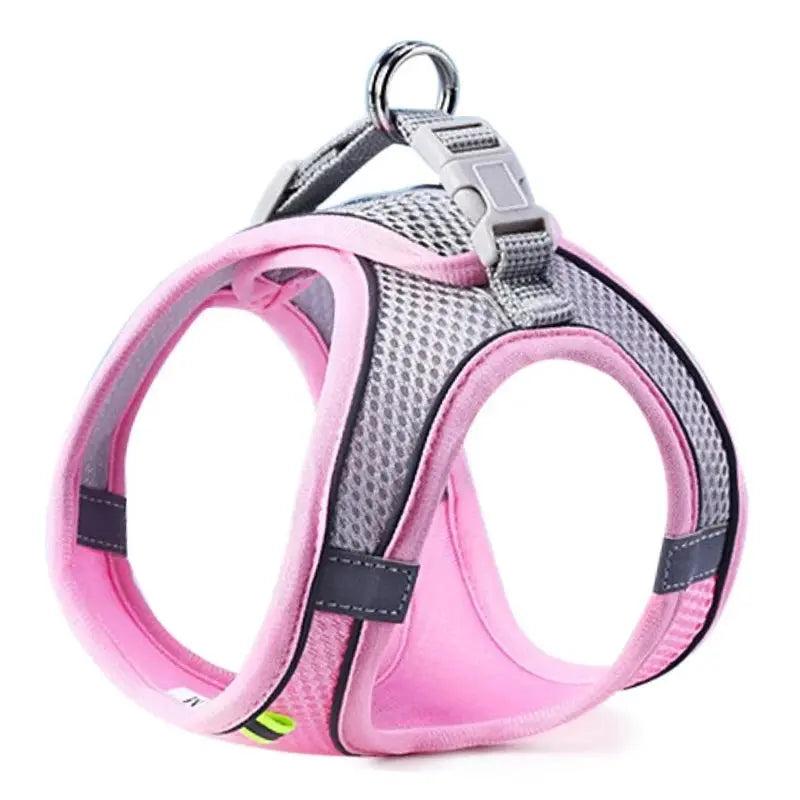 Pink and gray reflective breathable mesh pet harness with reflective strips, adjustable straps, and a metal D-ring for leash attachment