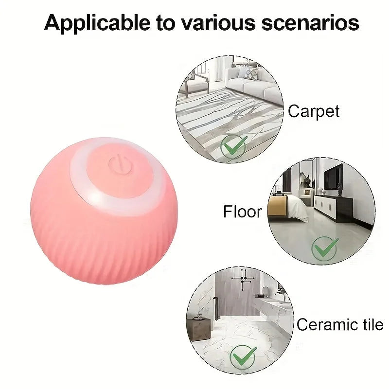 A small rechargeable ball toy featuring a power symbol . Designed specifically for cats, it is not suitable for medium or large dogs