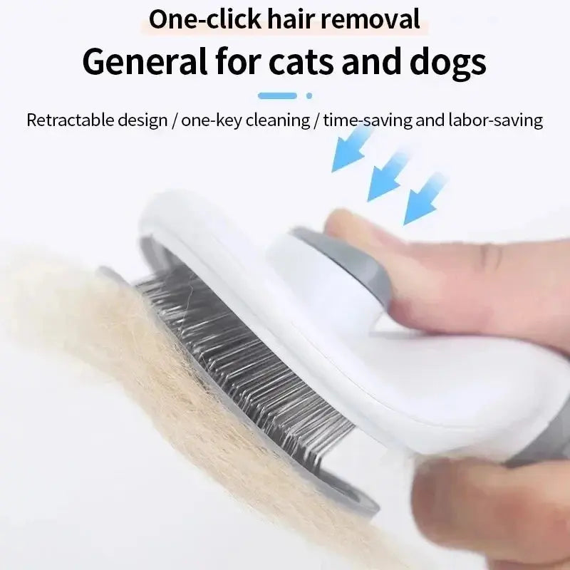pet grooming brush with a textured handle and oval brush head featuring closely spaced metal bristles