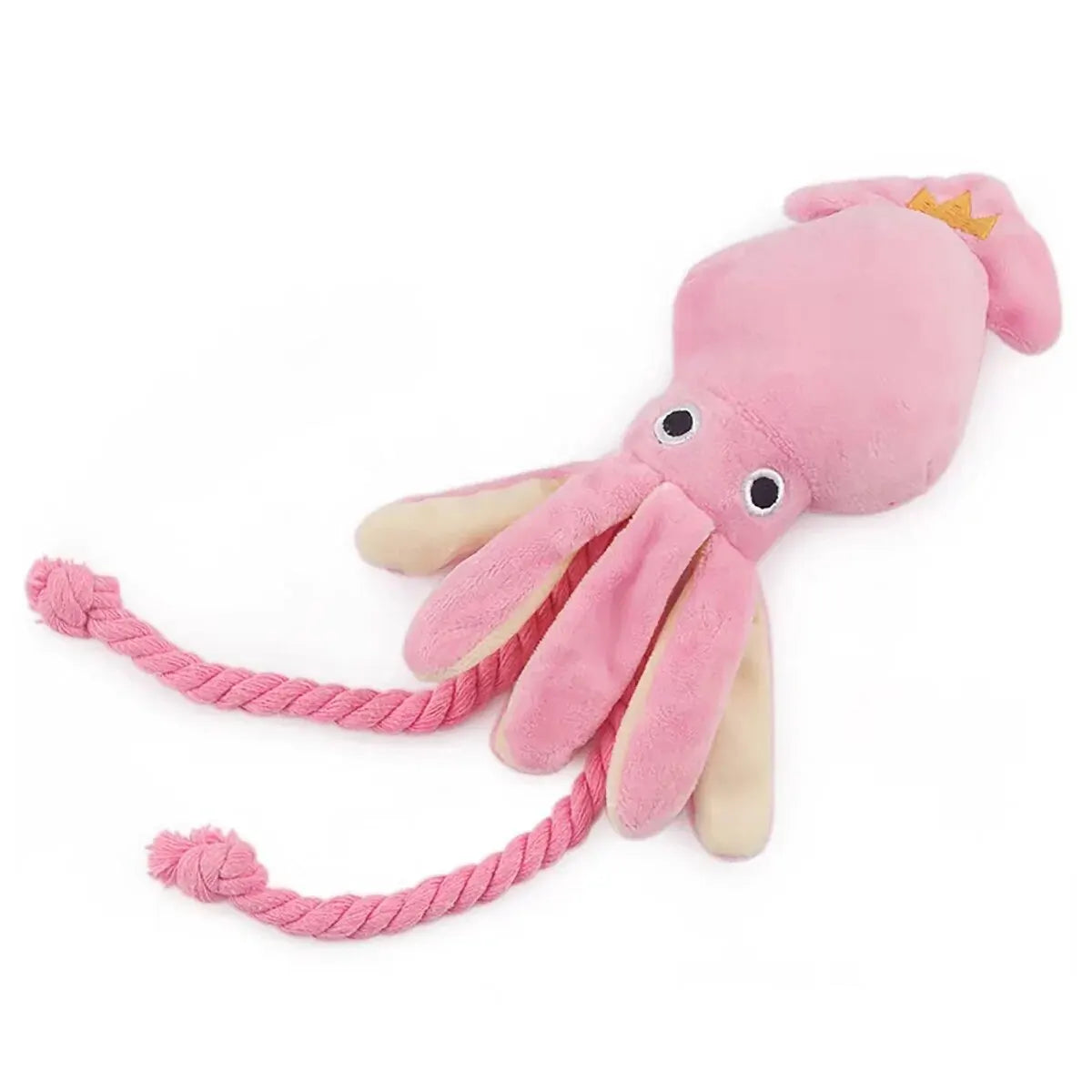Soft pink and cream plush octopus dog toy with durable twisted rope legs, designed for interactive tugging and chewing play