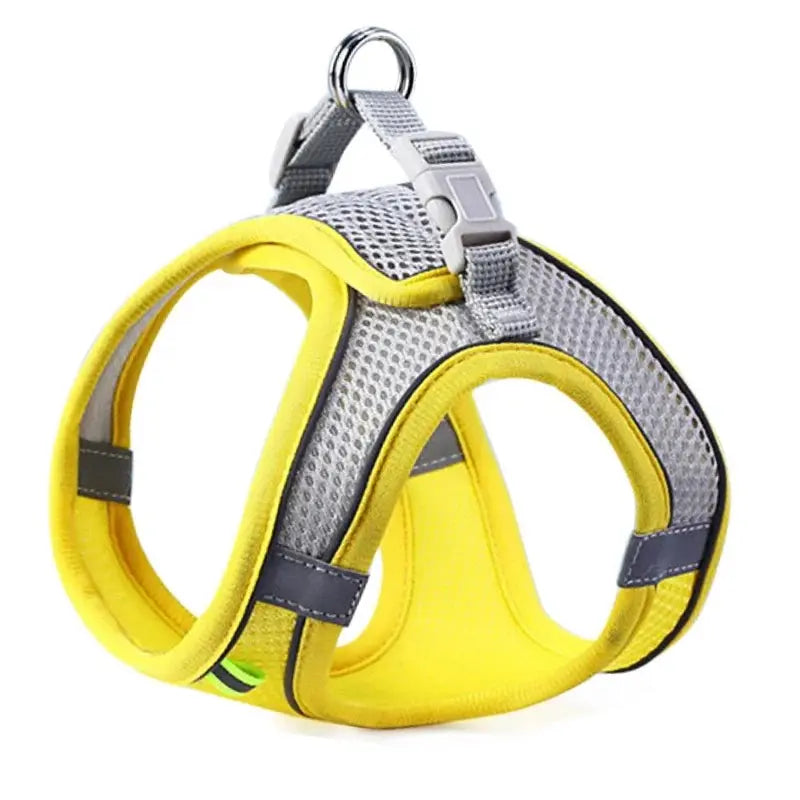Yellow and gray reflective breathable mesh pet harness with reflective strips, adjustable straps, and a metal D-ring for leash attachment