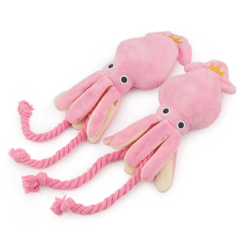 Soft pink and cream plush octopus dog toy with durable twisted rope legs, designed for interactive tugging and chewing play