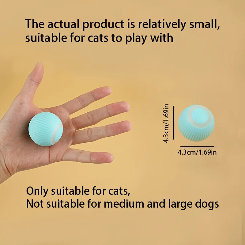 A small rechargeable ball toy featuring a power symbol . Designed specifically for cats, it is not suitable for medium or large dogs