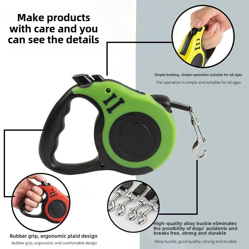 retractable dog leash with ergonomic handle and metal clip for attaching to a collar or harness