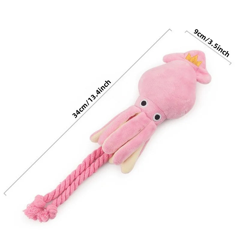 Soft pink and cream plush octopus dog toy with durable twisted rope legs, designed for interactive tugging and chewing play