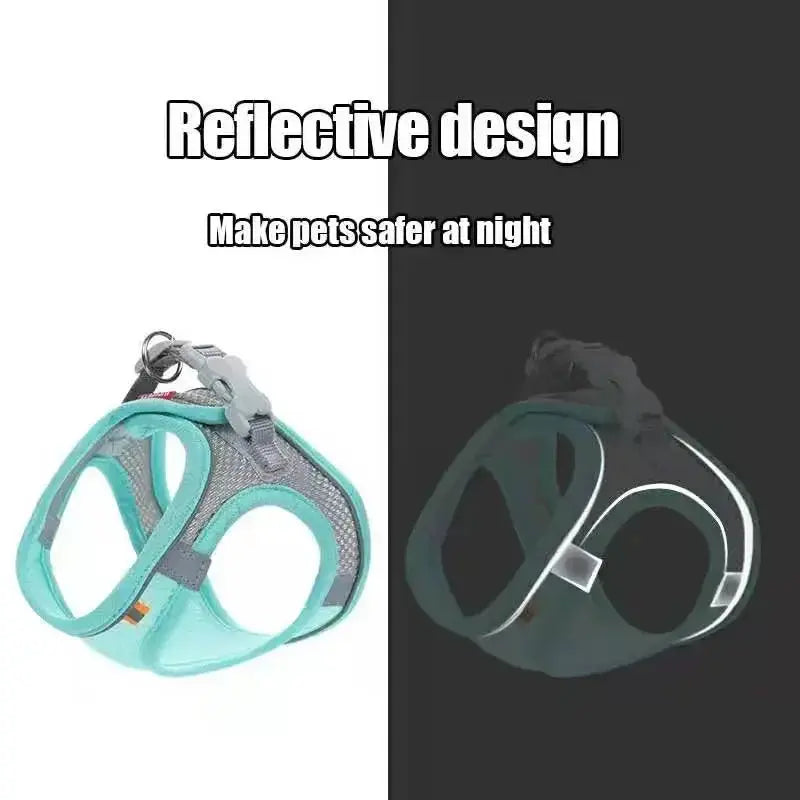 Reflective breathable mesh pet harness with reflective strips, adjustable straps, and a metal D-ring for leash attachment