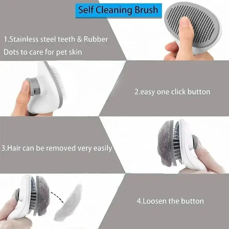 pet grooming brush with a textured handle and oval brush head featuring closely spaced metal bristles