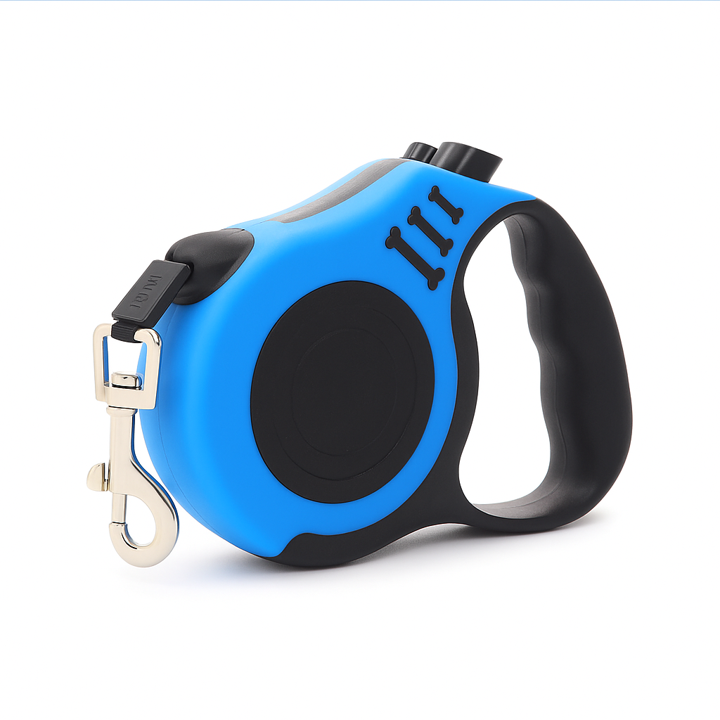 Blue and black retractable dog leash with ergonomic handle and metal clip for attaching to a collar or harness