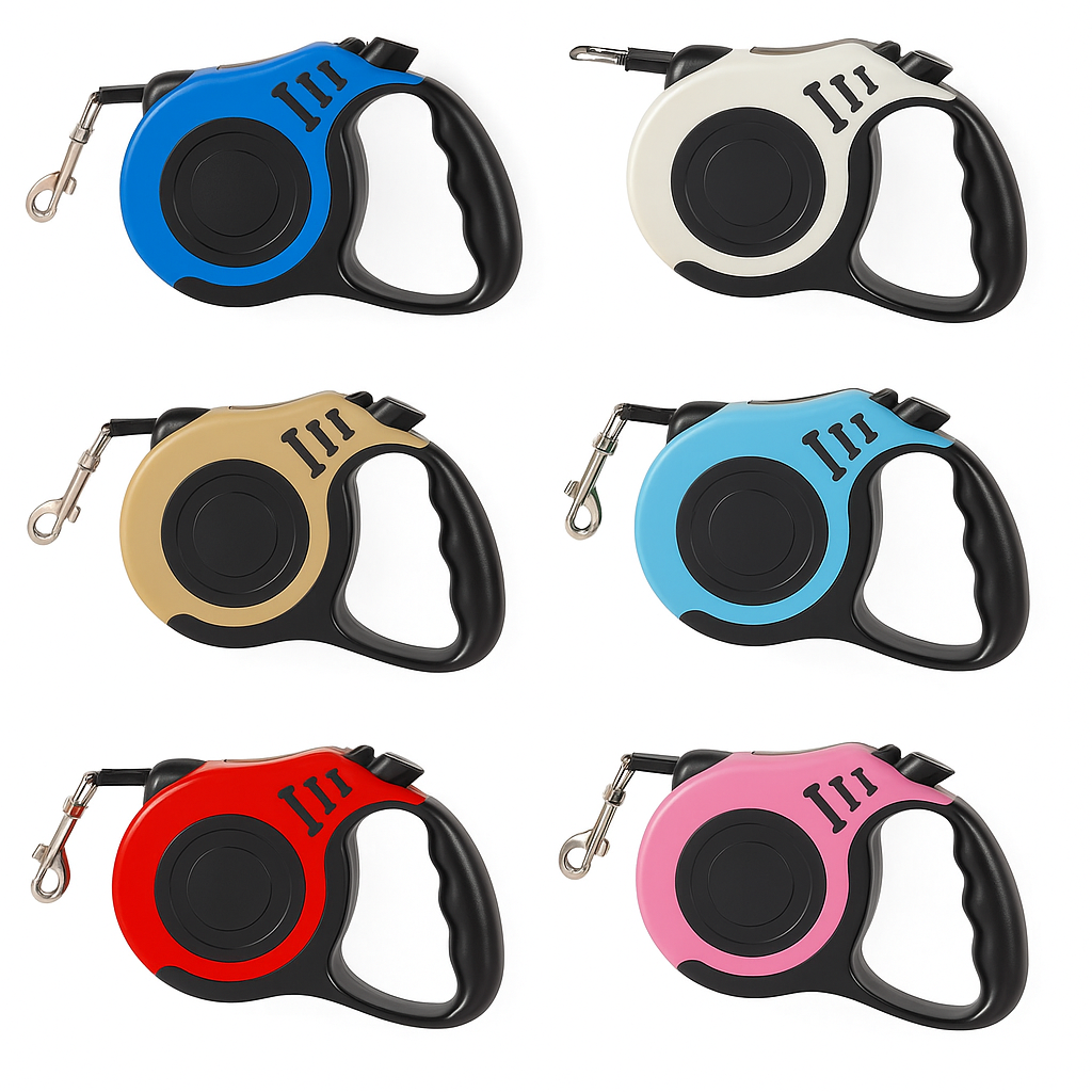 Multiple color retractable dog leash with ergonomic handle and metal clip for attaching to a collar or harness