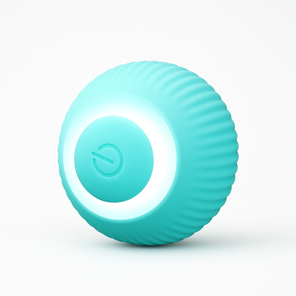 A small rechargeable ball toy featuring a power symbol . Designed specifically for cats, it is not suitable for medium or large dogs