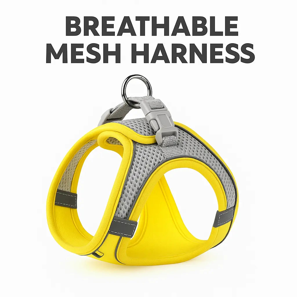 Yellow and gray reflective breathable mesh pet harness with reflective strips, adjustable straps, and a metal D-ring for leash attachment