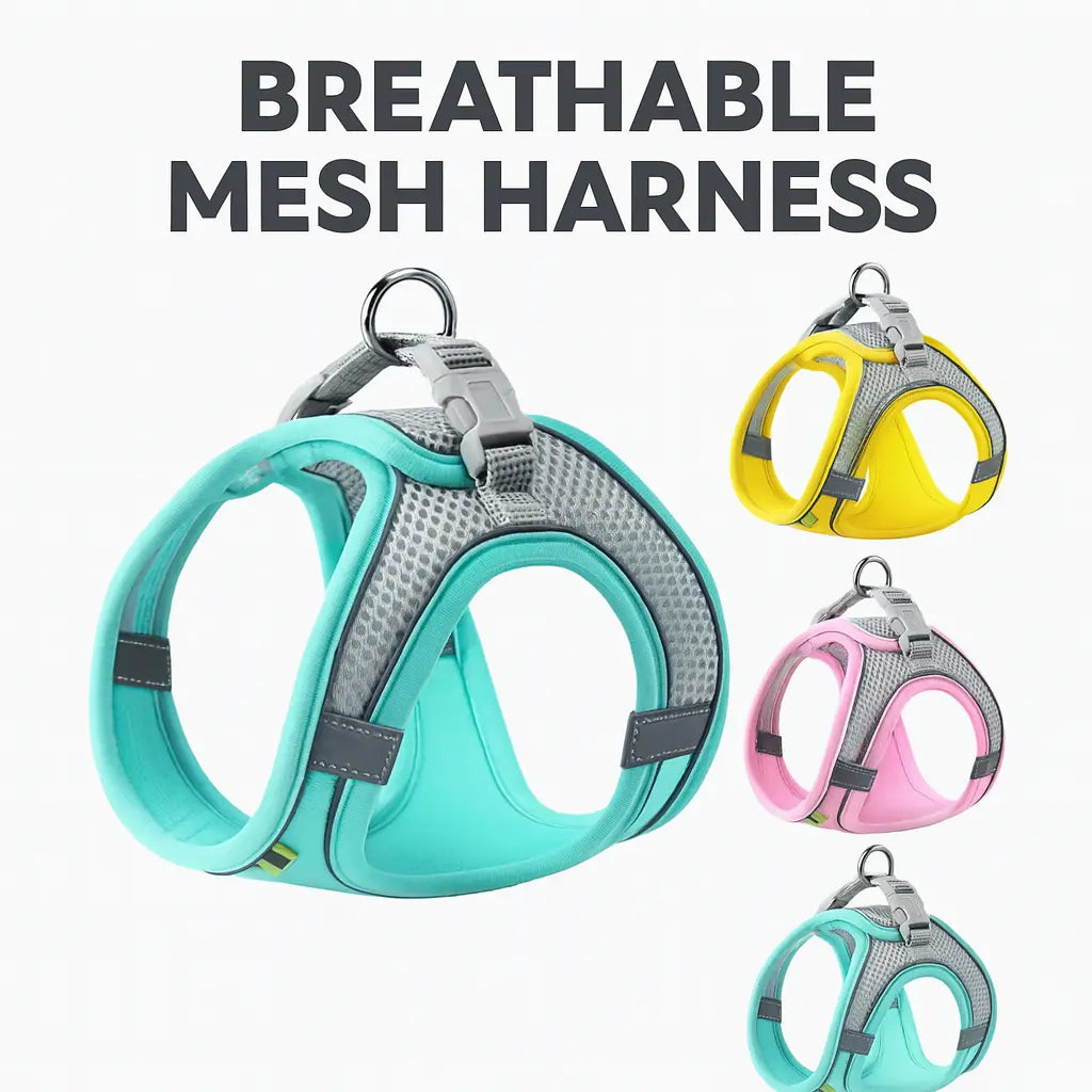 Reflective breathable mesh pet harness with reflective strips, adjustable straps, and a metal D-ring for leash attachment