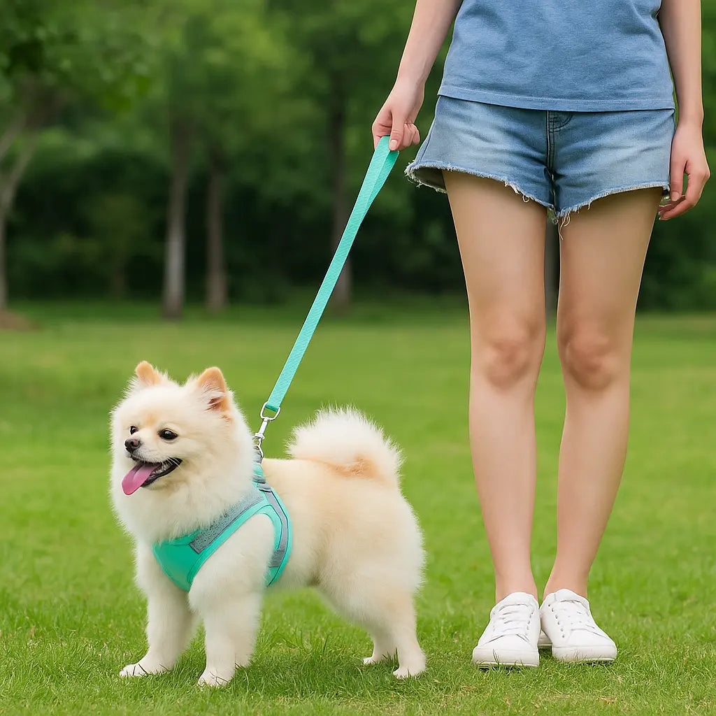 Reflective breathable mesh pet harness with reflective strips, adjustable straps, and a metal D-ring for leash attachment