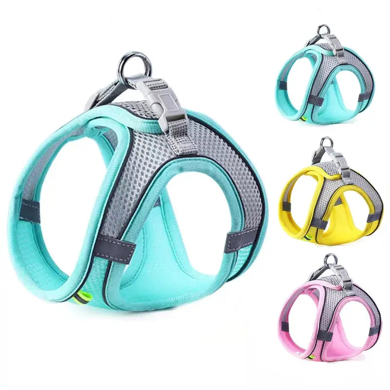 Reflective Breathable mesh pet harness with reflective strips, adjustable straps, and a metal D-ring for leash attachment