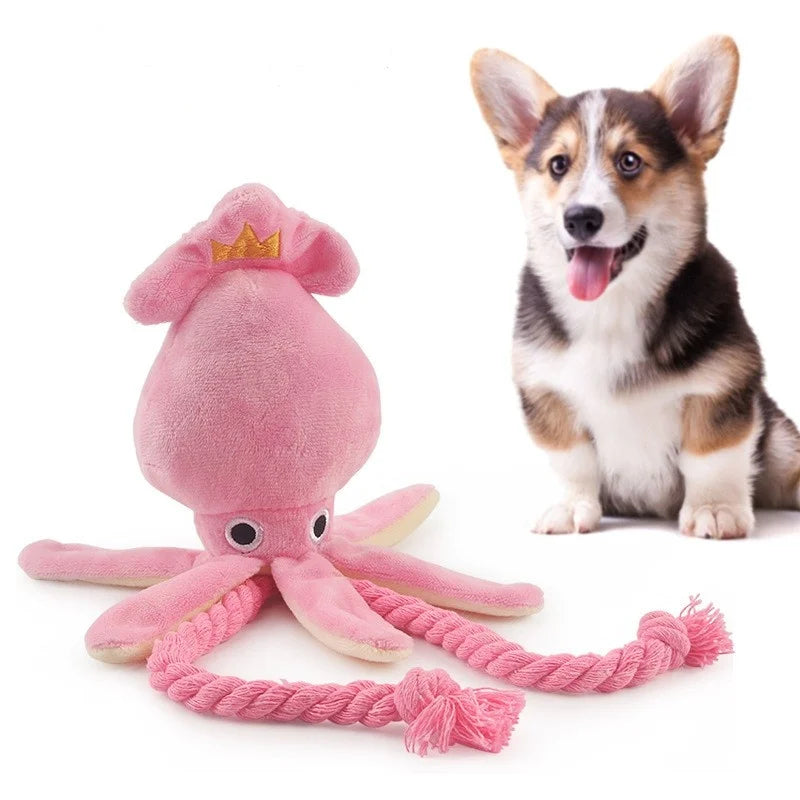 Soft pink and cream plush octopus dog toy with durable twisted rope legs, designed for interactive tugging and chewing play