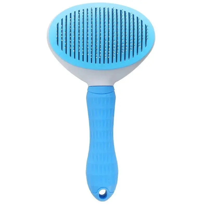 Blue pet grooming brush with a textured handle and oval brush head featuring closely spaced metal bristles