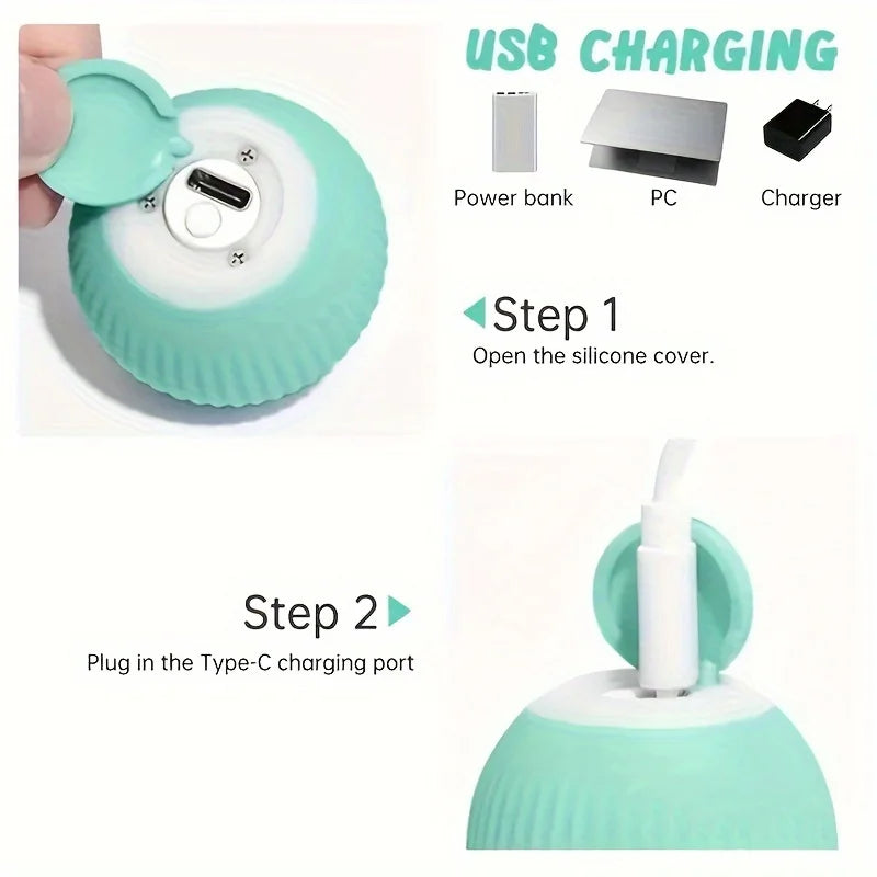 A small rechargeable ball toy featuring a power symbol . Designed specifically for cats, it is not suitable for medium or large dogs