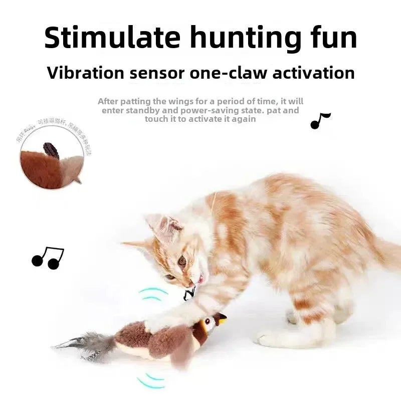 Flapping bird cat toy with realistic feathers and chirping sound