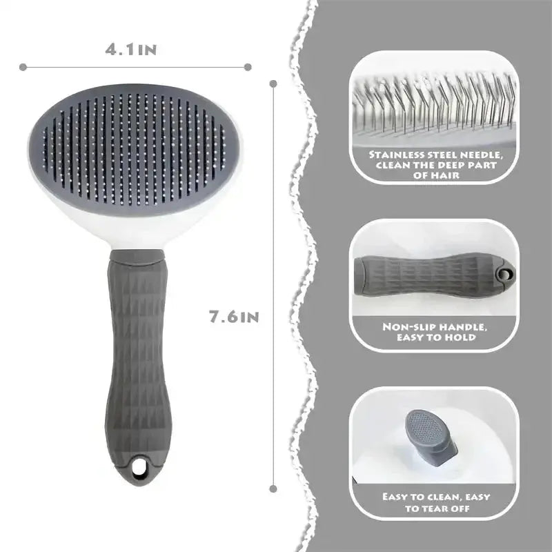 pet grooming brush with a textured handle and oval brush head featuring closely spaced metal bristles