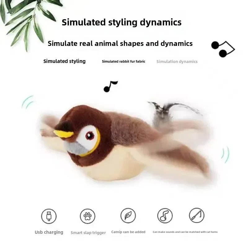 Flapping bird cat toy with realistic feathers and chirping sound