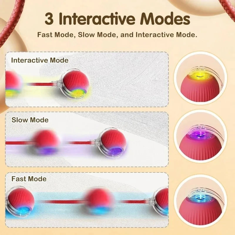  The Interactive Electric Ball Toy for Dogs & Cats, a red rechargeable ball featuring a glowing blue light and rope handle, designed to avoid obstacles.