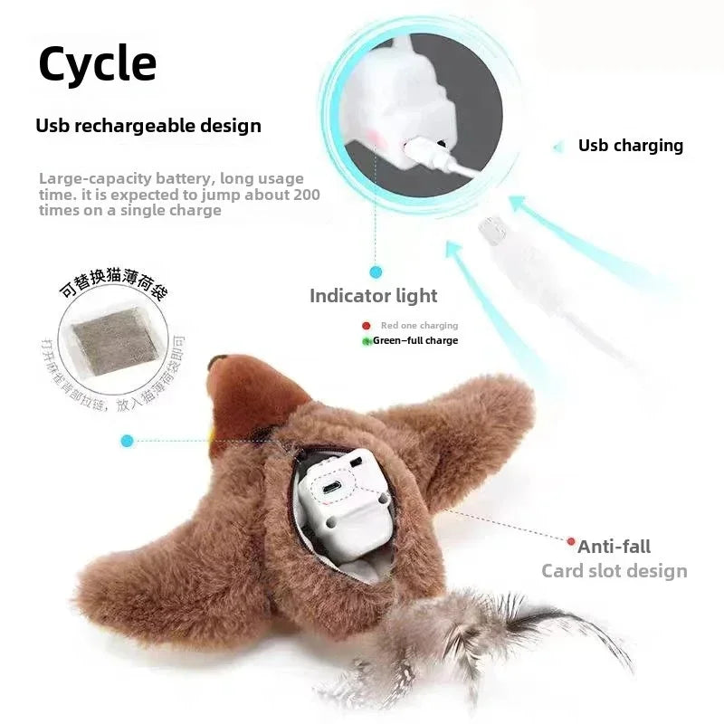 Flapping bird cat toy with realistic feathers and chirping sound