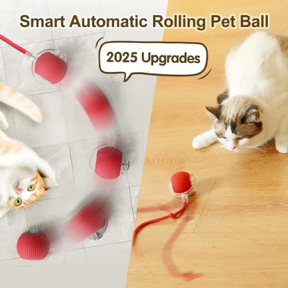 The Interactive Electric Ball Toy for Dogs & Cats, a red rechargeable ball featuring a glowing blue light and rope handle, designed to avoid obstacles.