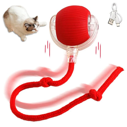  The Interactive Electric Ball Toy for Dogs & Cats, a red rechargeable ball featuring a glowing blue light and rope handle, designed to avoid obstacles.