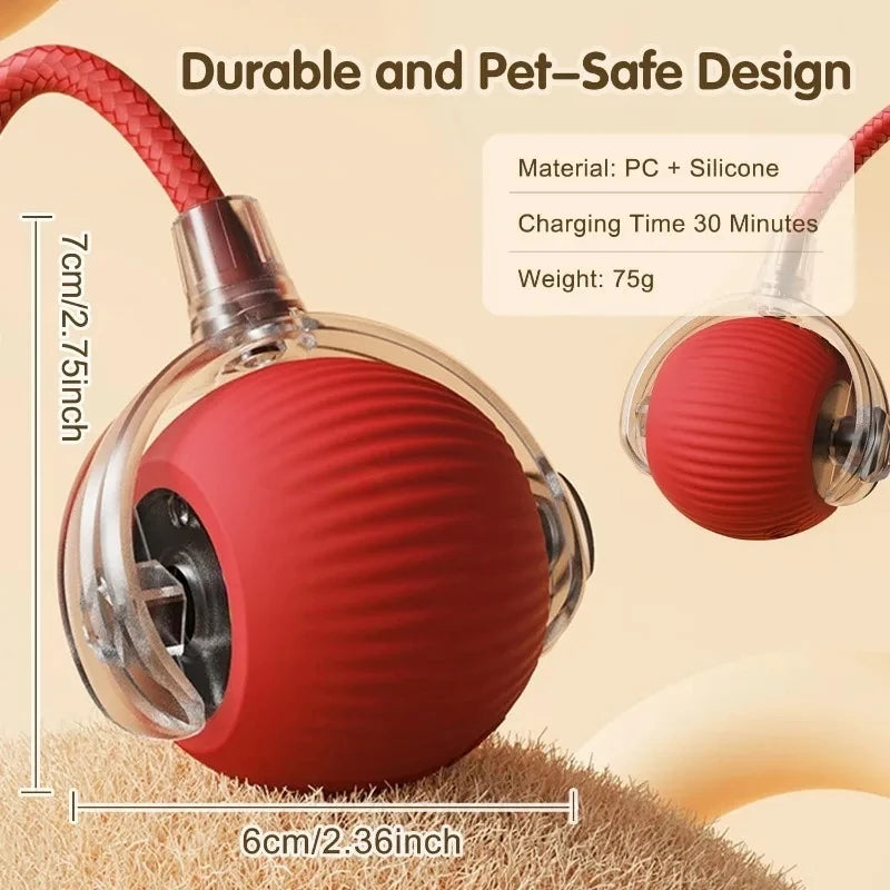  The Interactive Electric Ball Toy for Dogs & Cats, a red rechargeable ball featuring a glowing blue light and rope handle, designed to avoid obstacles.