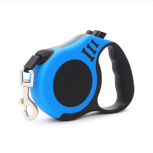 Blue and black retractable dog leash with ergonomic handle and metal clip for attaching to a collar or harness