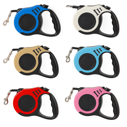 Multiple color retractable dog leash with ergonomic handle and metal clip for attaching to a collar or harness