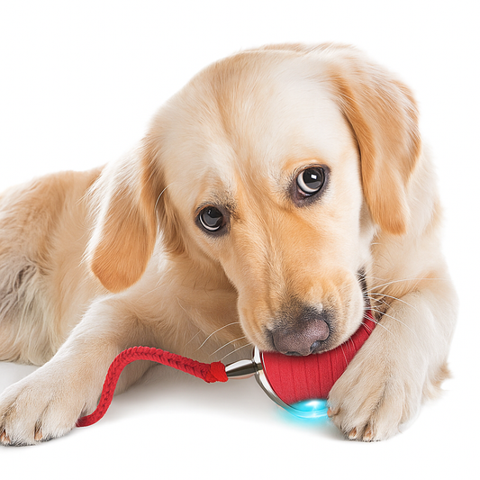 A golden retriever puppy plays with the Interactive Electric Ball Toy for Dogs & Cats, a red rechargeable ball featuring a glowing blue light and rope handle, designed to avoid obstacles.