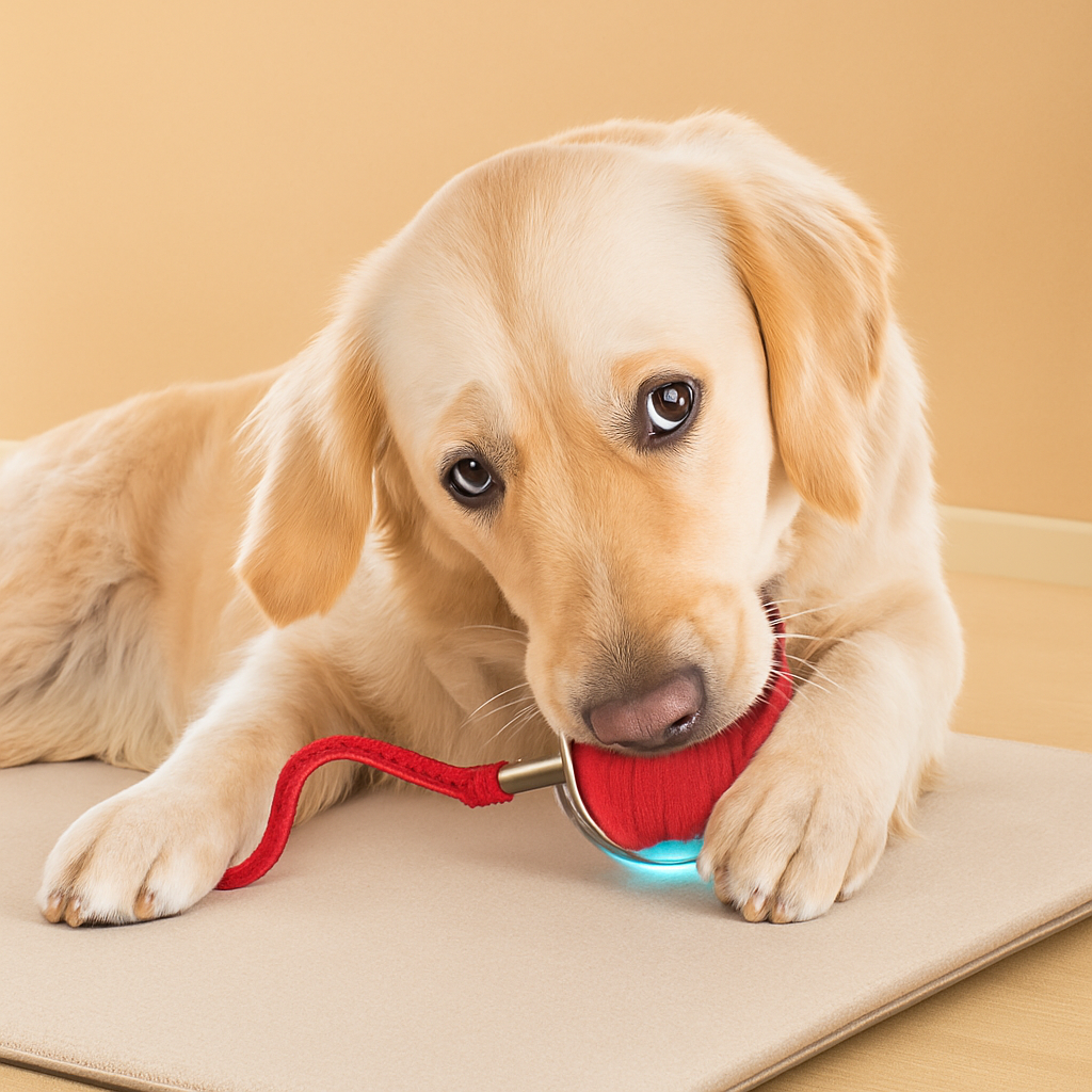  The Interactive Electric Ball Toy for Dogs & Cats, a red rechargeable ball featuring a glowing blue light and rope handle, designed to avoid obstacles.