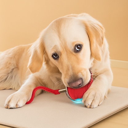  The Interactive Electric Ball Toy for Dogs & Cats, a red rechargeable ball featuring a glowing blue light and rope handle, designed to avoid obstacles.