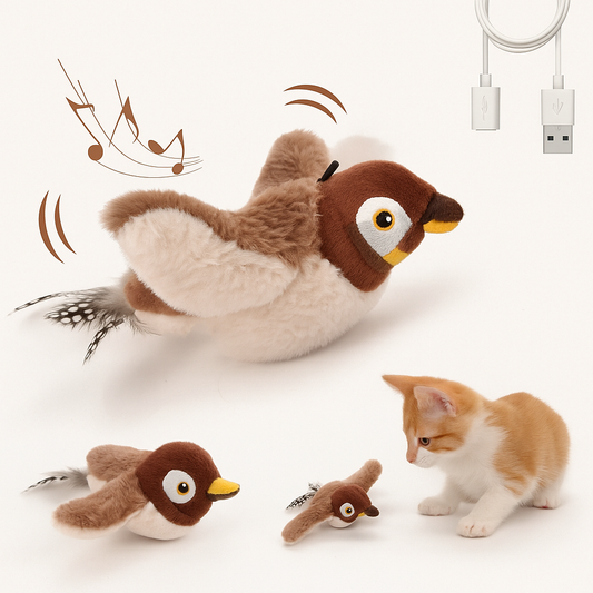 Flapping bird cat toy with realistic feathers and chirping sound