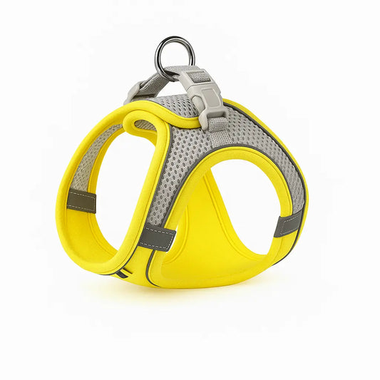 Yellow and gray reflective breathable mesh pet harness with reflective strips, adjustable straps, and a metal D-ring for leash attachment