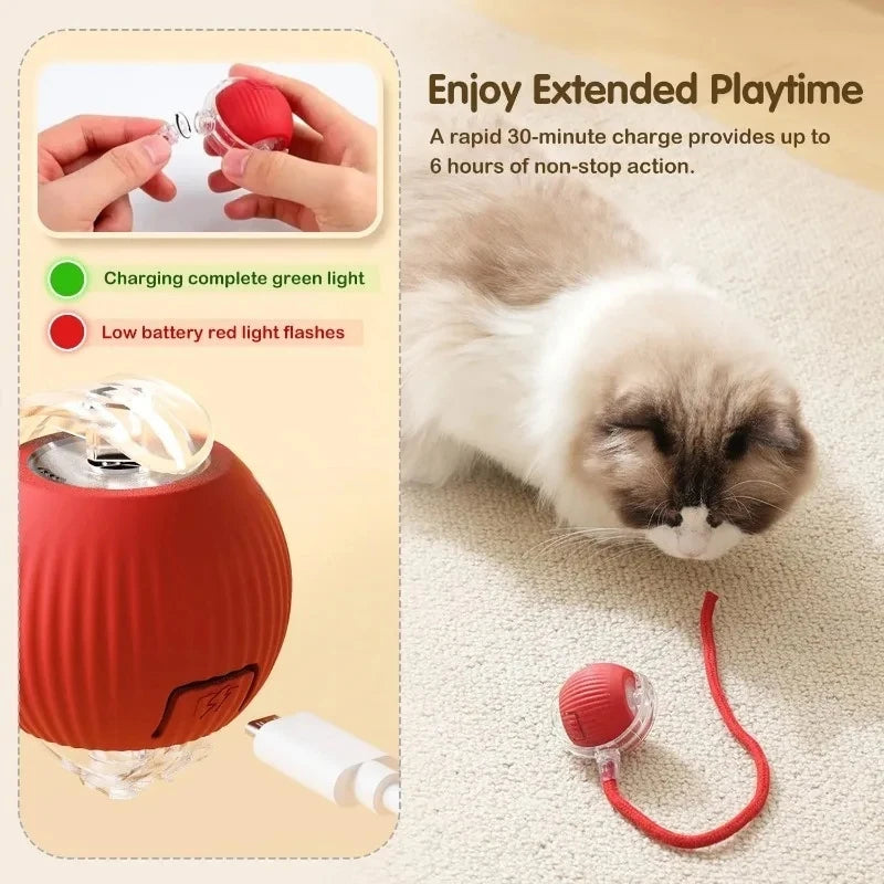  The Interactive Electric Ball Toy for Dogs & Cats, a red rechargeable ball featuring a glowing blue light and rope handle, designed to avoid obstacles.
