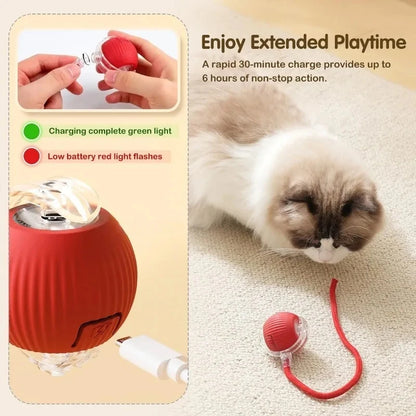  The Interactive Electric Ball Toy for Dogs & Cats, a red rechargeable ball featuring a glowing blue light and rope handle, designed to avoid obstacles.