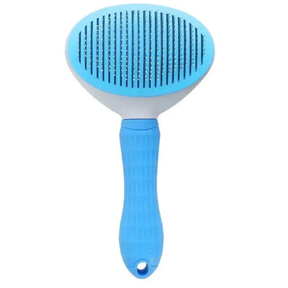 Blue pet grooming brush with a textured handle and oval brush head featuring closely spaced metal bristles
